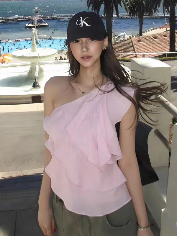 Korean Style Pure Desire Pink Ruffle Shoulder Strap Vest Women Summer Outdoor Wear Shoulder Bared Slim Fit Short Sleeveless Top