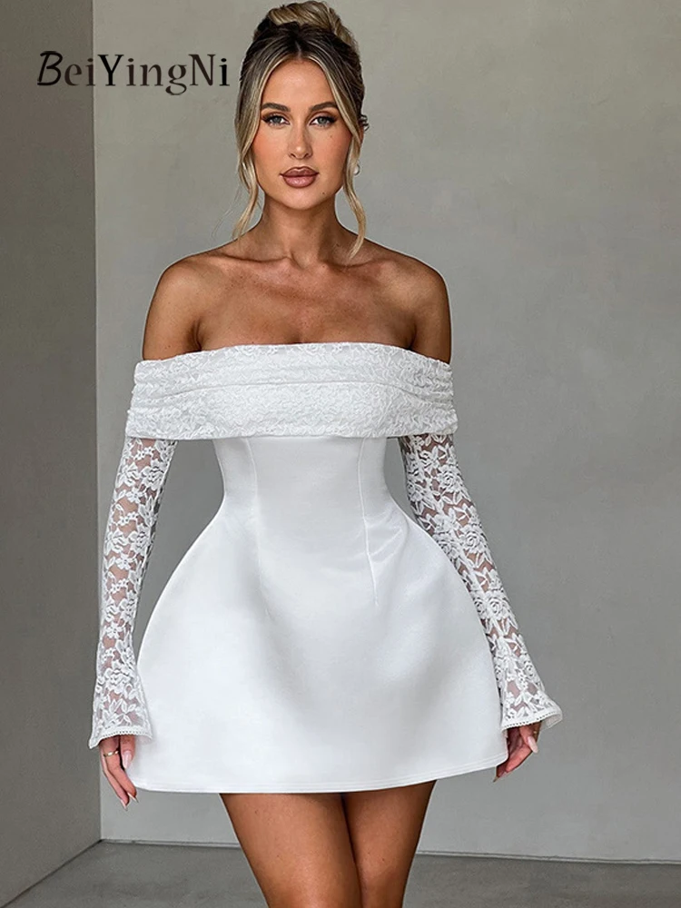 Beiyingni automne hiver femmes robe trapèze dentelle élégante Slash cou coupe ajustée Sexy blanc robes de soirée dames plaine robes françaises