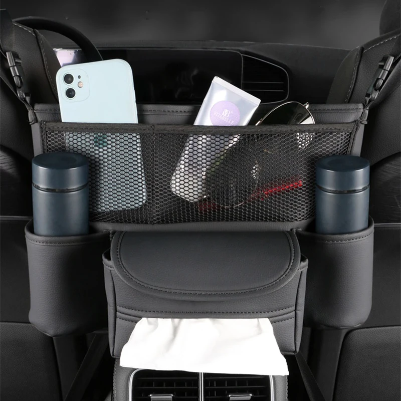 Car Net Pocket Handbag Holder Leather Between The Seat Organizer Auto Armrest Hanging Tissue Cup Storage Bag Interior Accessorie