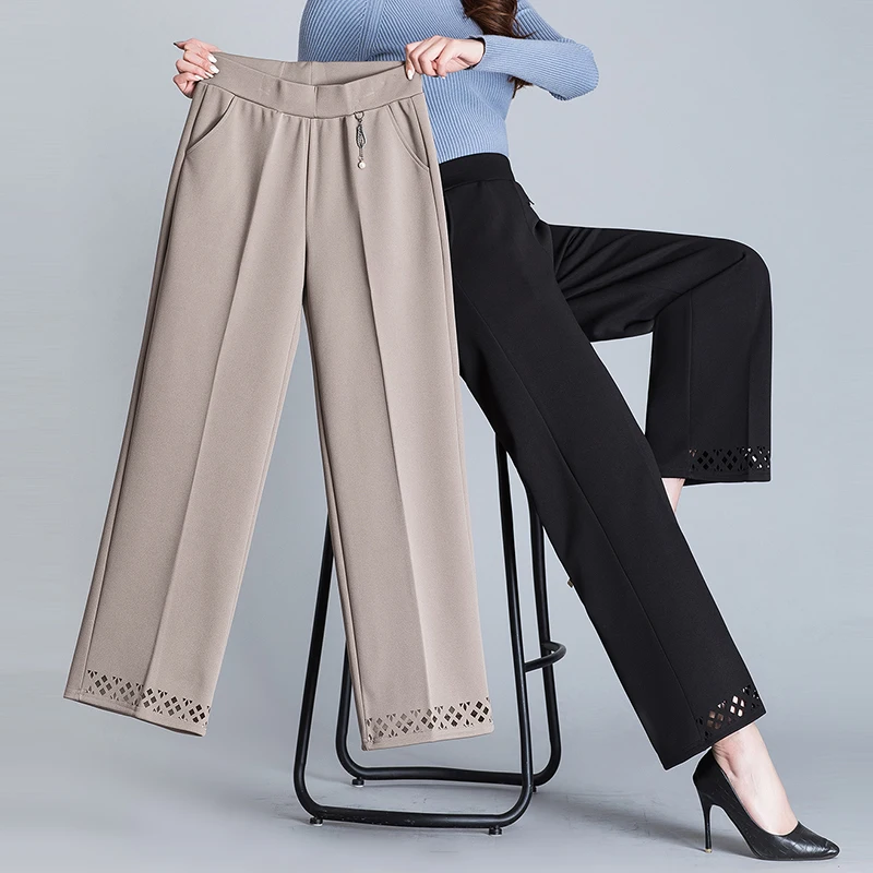 XL-6XL Middle Aged Elderly Women Trousers Spring Autumn Casual Wide Leg Pants Mother Elastic Waist Straight Ankle-Length Pants