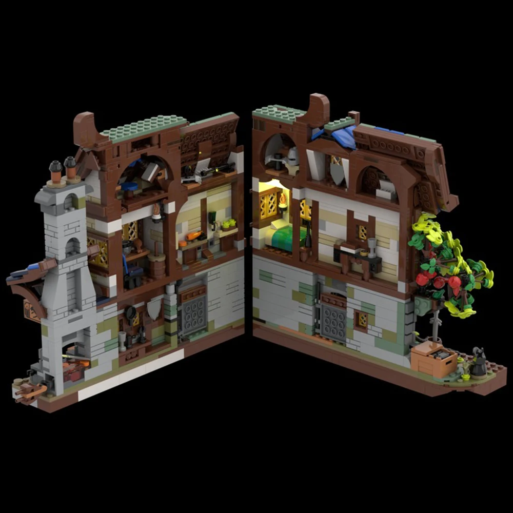 Nova marca moc edifício medieval ferreiro canto modelo blocos de construção aldeia livro canto crianças brinquedo diy presente natal