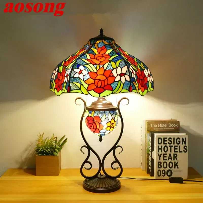 

AOSONG Tiffany Table Lamp American Retro Living Room Bedroom Lamp Luxurious Villa Hotel Stained Glass Desk Lamp