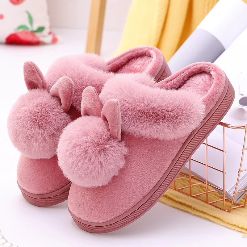 Chinelos bonitos de orelhas de coelho para mulheres, corrediças de pelúcia quente, sapatos de quarto, chinelo antiderrapante, casa, inverno, 1 par