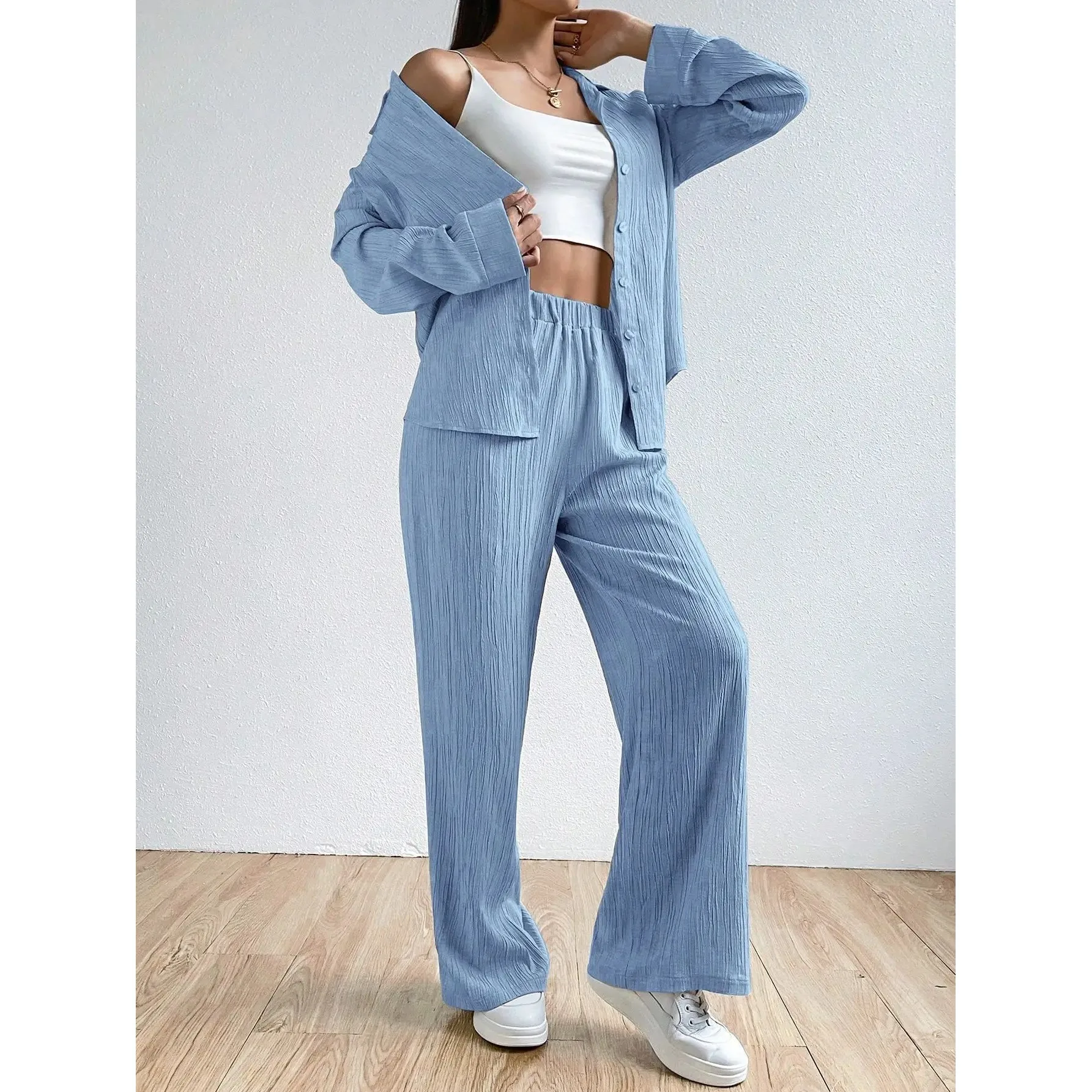 High Waist Loose Straight Leg Pants Set Women's Long Sleeve Casual Sportswear Two-Piece Suit Spring 2025 Fashion Trend