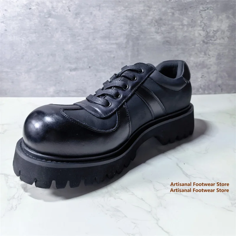 

Black Chunky Platform Derby Shoes Men's Thick Soled Casual Leather Shoes Height Increasing Black Round Toe Lace Up Men's Shoes