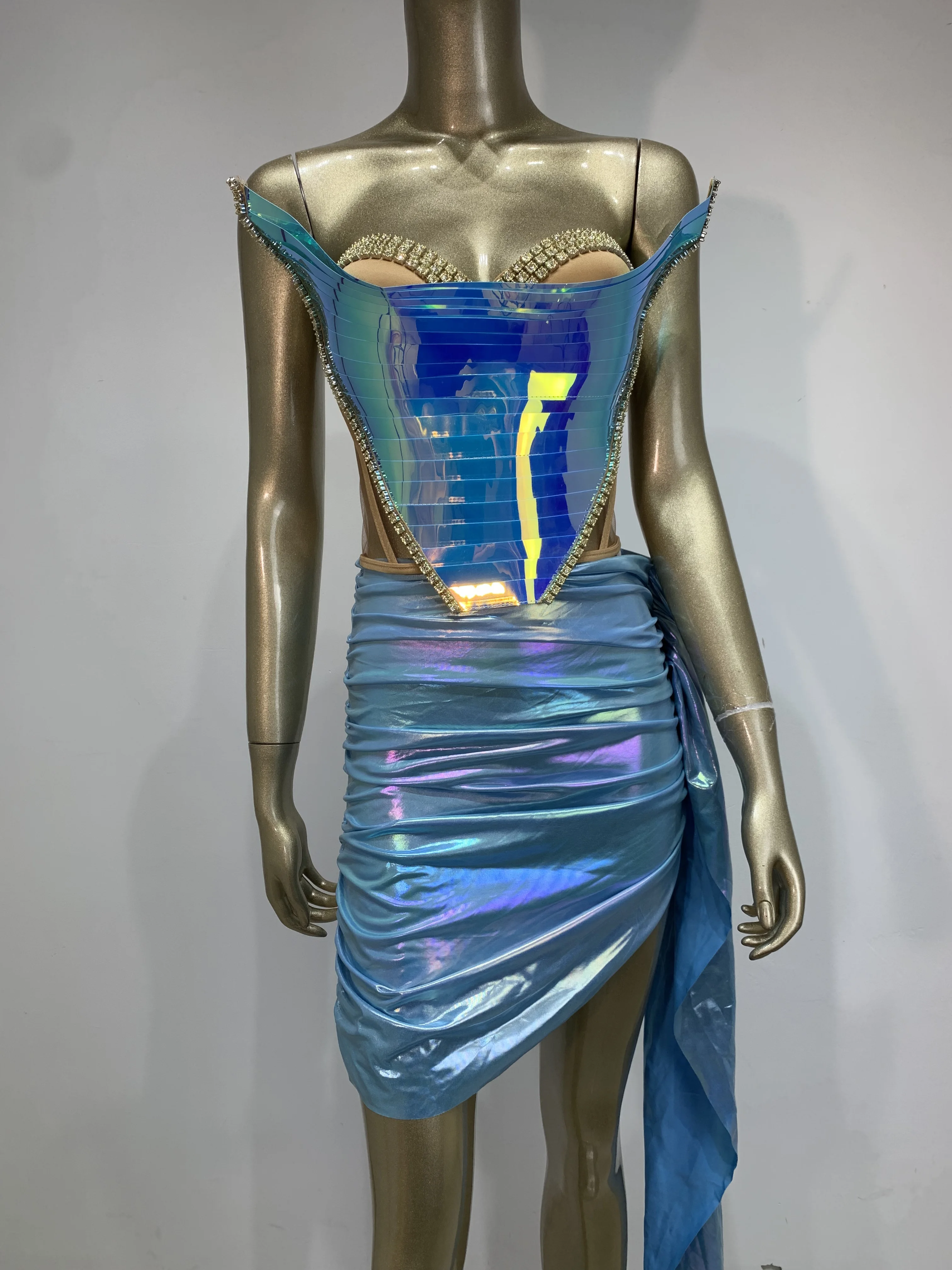 

Women Sparkly Rhinestones Sequin Skirt Set Sexy Perform Costume Luxury Birthday Evening Party Dresses Singer Stage Outfit