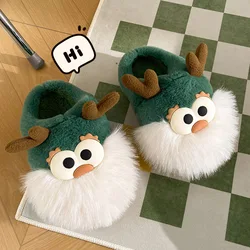 New Fluffy Christmas Slippers Women's Cute Deer Floor Shoes Woman Flip Flops Warm Winter Mules Funny Home Shoes Unisex Slippers