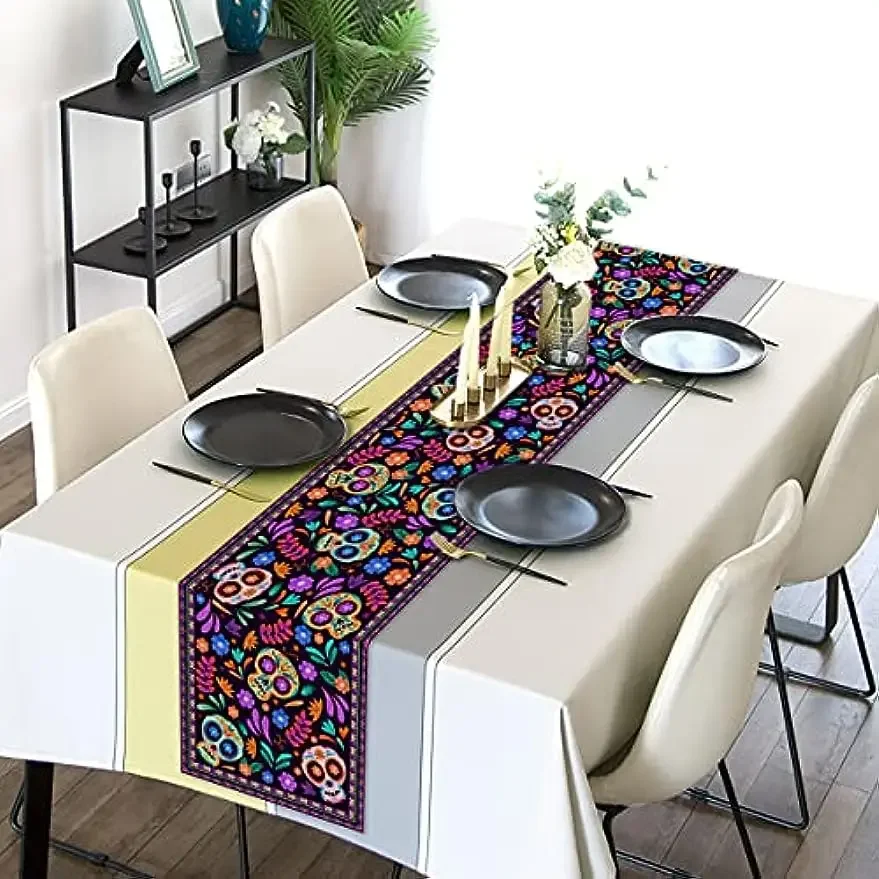 Dia De Los Muertos Linen Table Runner Mexican Sugar Skull Day of The Dead Table Runners for Dining Table Halloween Decorations