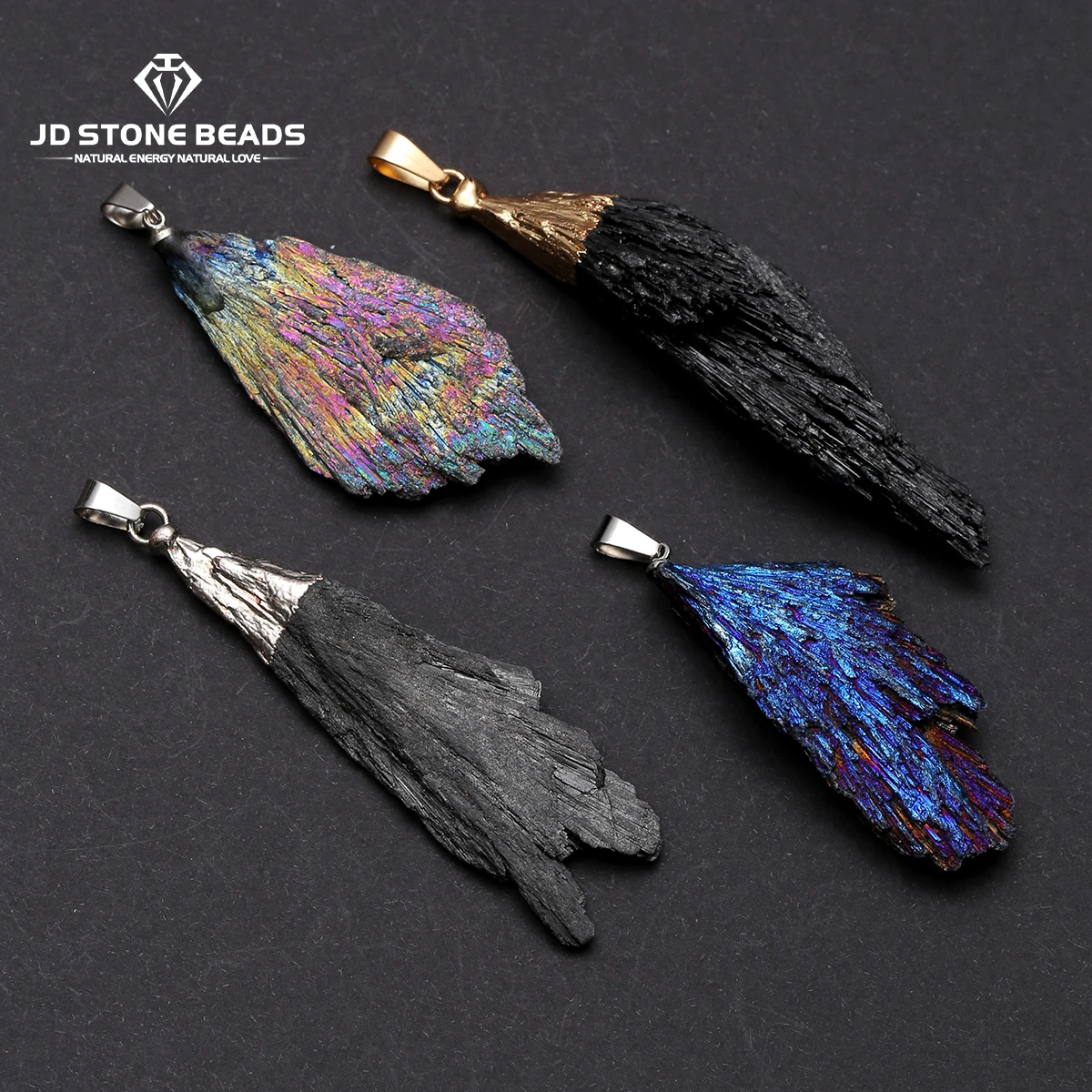 1 Pc Natural Black Tourmaline Feather Pendant Electroplated Rainbow Blue Raw Crystal Necklace Healing Stone Spiritual Jewelry
