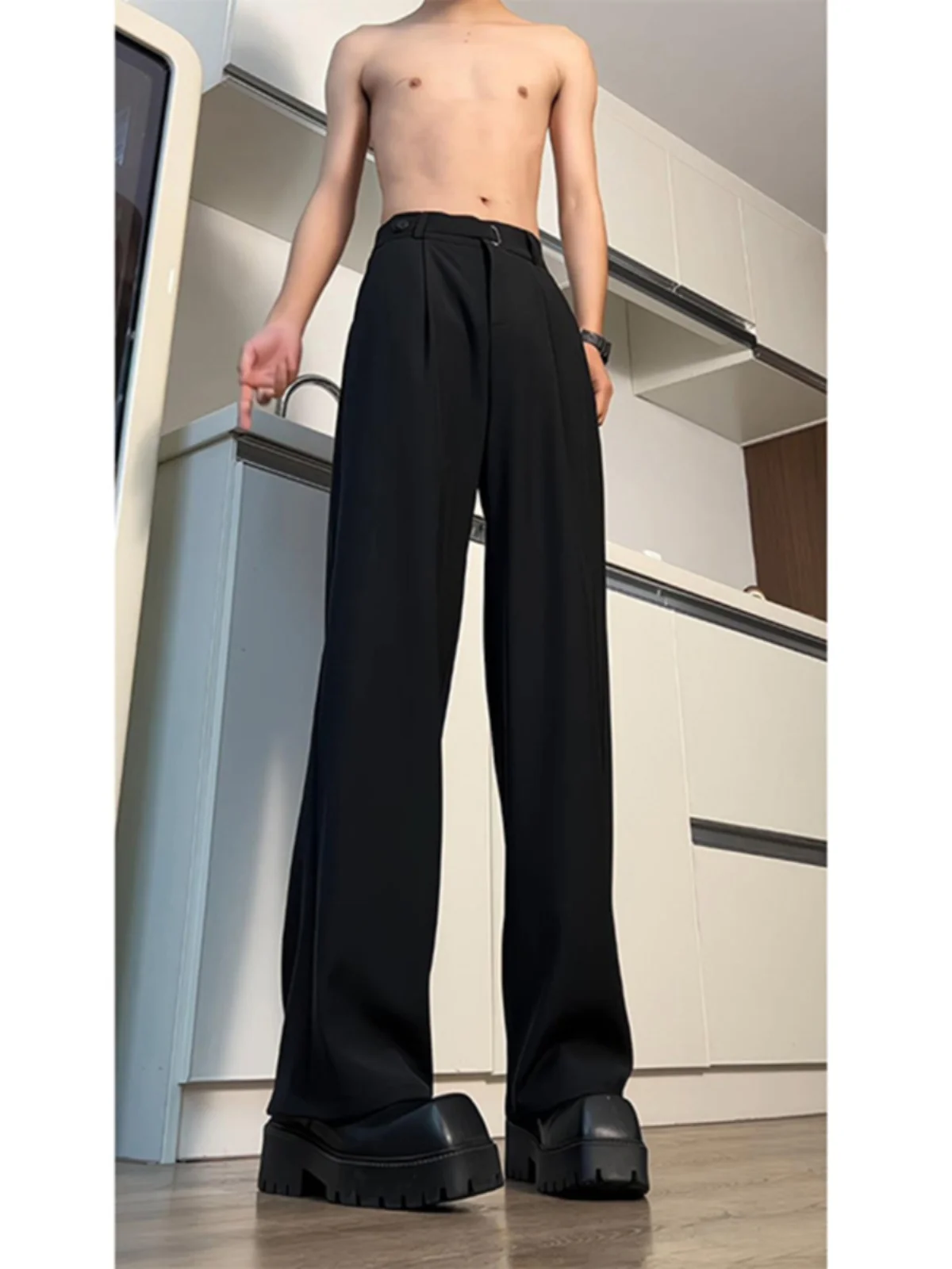 

High Waist Pure Bla Ice Silk Men's West Pants Summer Casual Straight Leg Suit Pants Drapey High-End Feeling Cool Haome