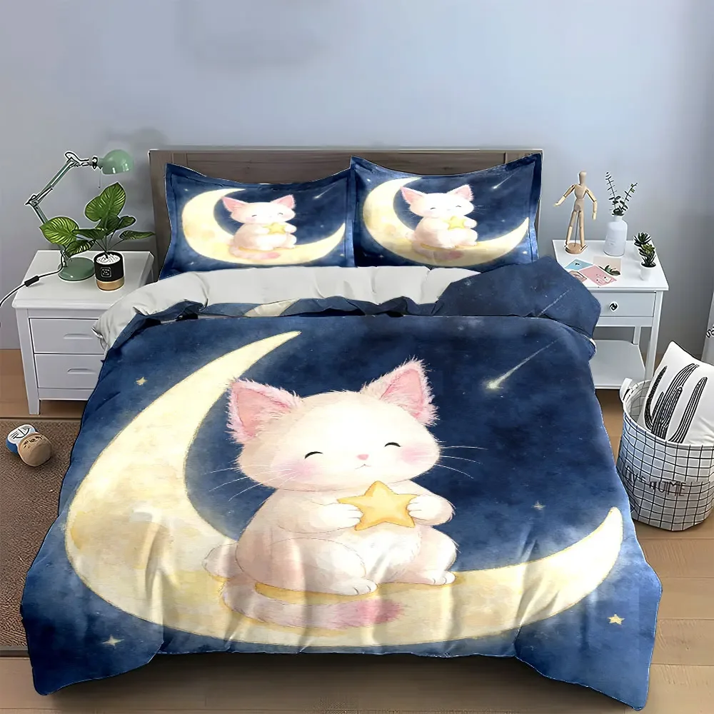 "Moon Cat Starry Night Decor" Soft Comfortable Duvet Cover Bedding Set Included 1*Duvet Cover & 2*Pillowcases, gift