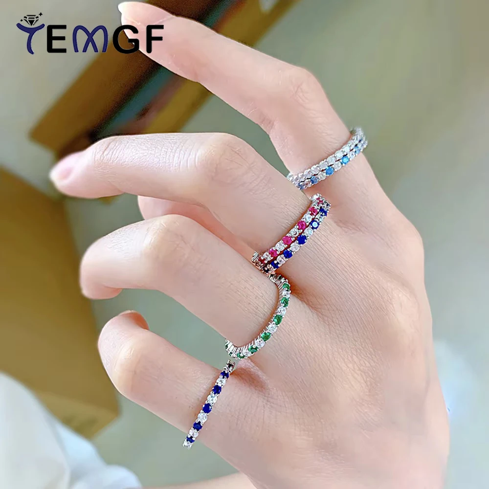 

TEMGF Colorful Zircon Ring for Women S925 Sterling Silver Simple Thin Ring Couple Party Fashion Sparkling Fine Jewelry