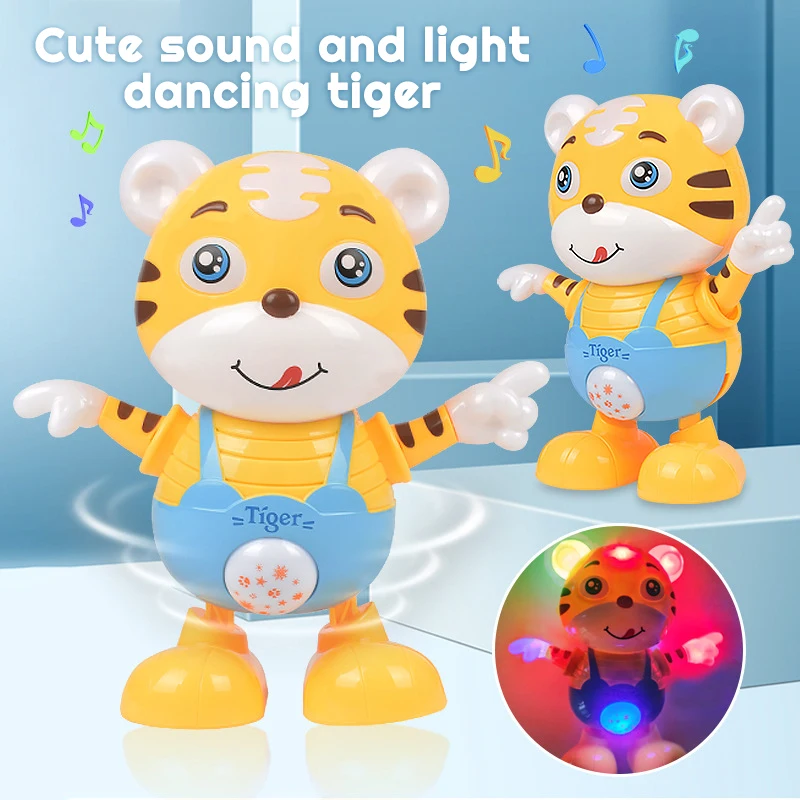 Dança elétrica dos desenhos animados bonito pequeno tigre amarelo boneca decoração de casa presente do miúdo do bebê educação precoce dança musical luz led brinquedos do bebê