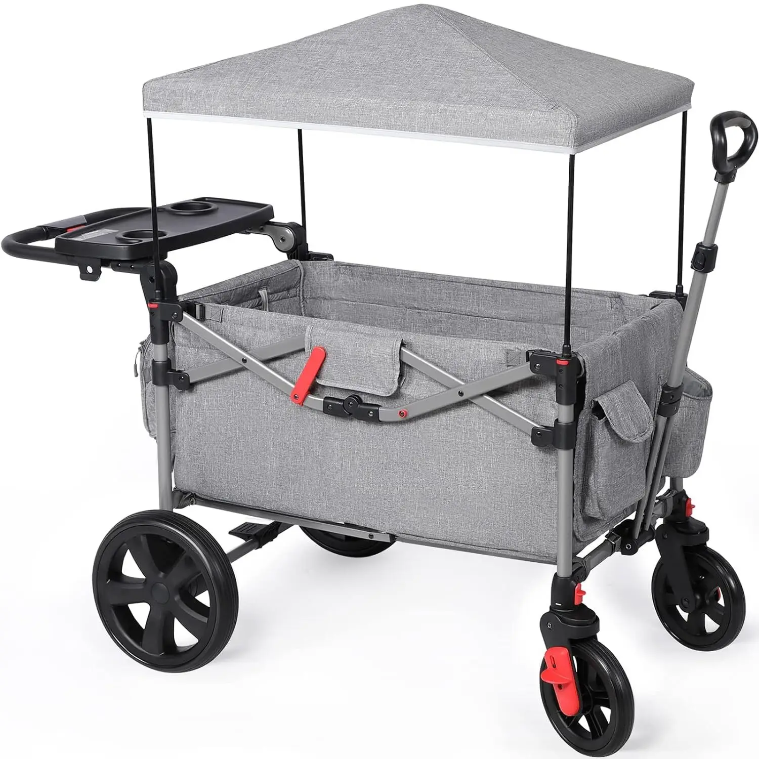 ADVANCED Foldable Wagons for Two Kids & Cargo, Collapsible Folding Stroller with Adjustable Handle Bar,Removable Canopy wit