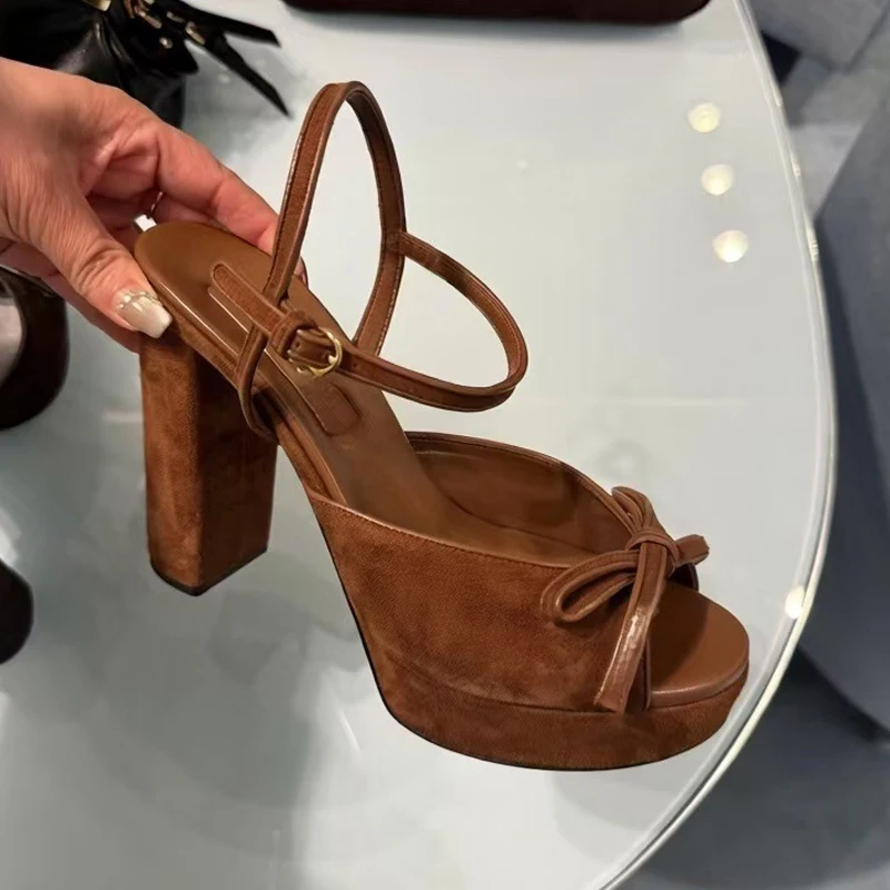 Brown Bow Platform Slingback Chunky Heel Sandals Woman Summer 2026 Open Toe Suede High Heeled Block Heel Party Dress Shoes