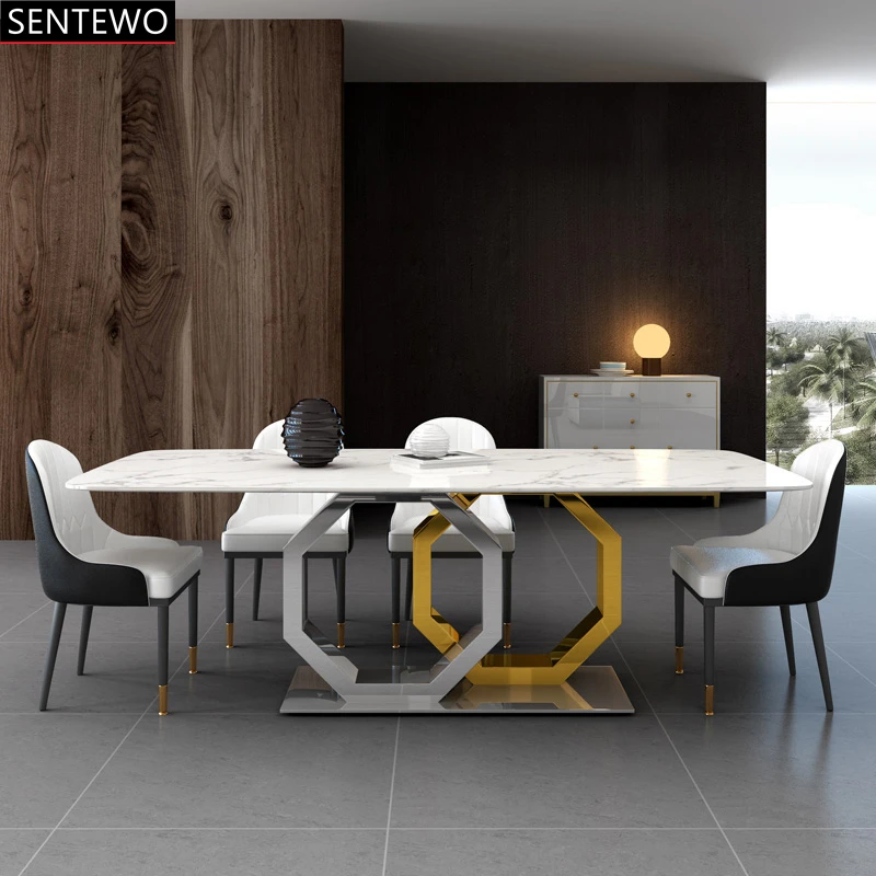 SENTEWO Luxury Marble Dining Table Set 8 Dinning Chairs Metal Titanium Glaze Gold Base Dinner Table Chair Set Meubles Cuisine