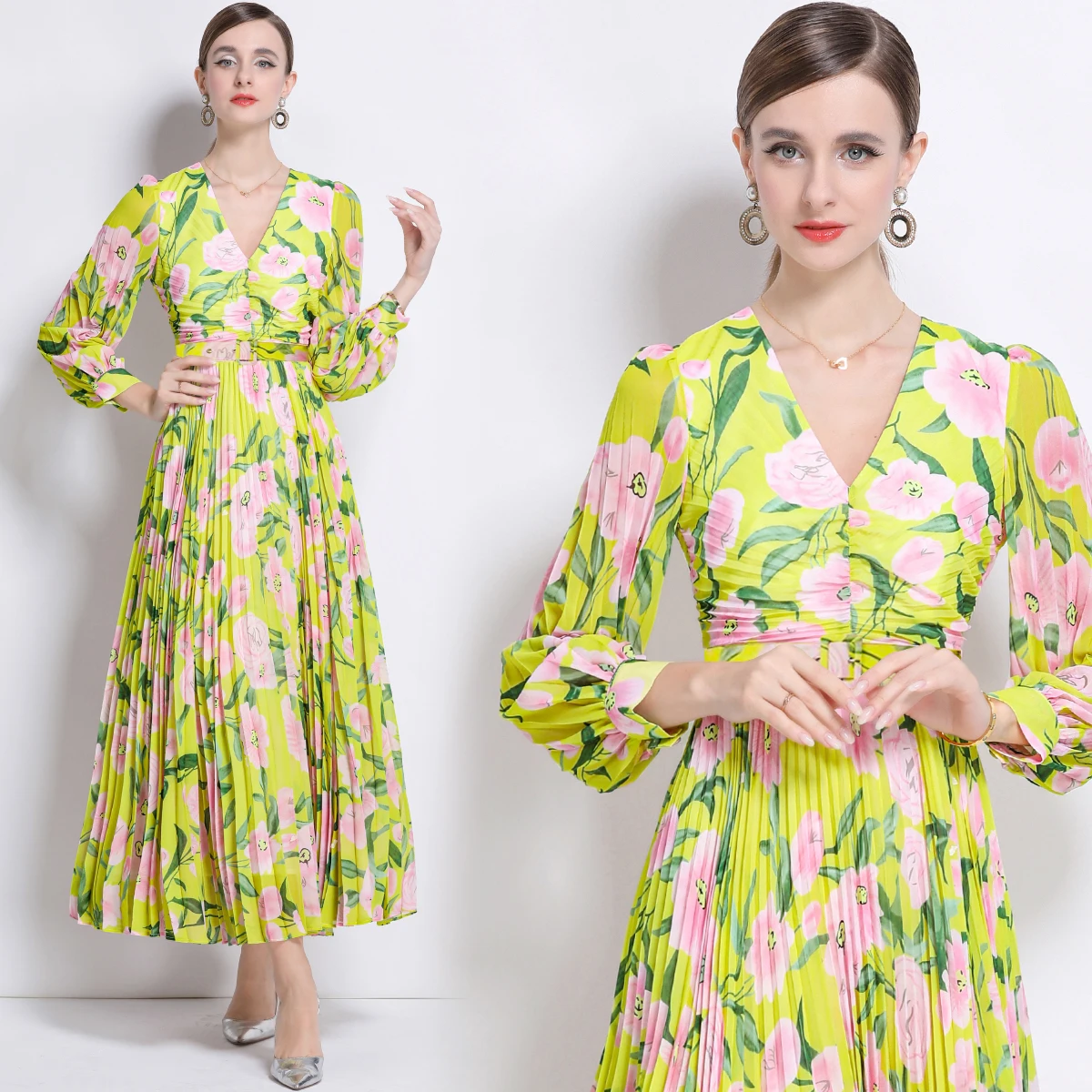 Verão impresso maxi vestido roupas femininas manga longa lanterna fino ajuste em camadas vestido feminino 2025 verão chique casual férias