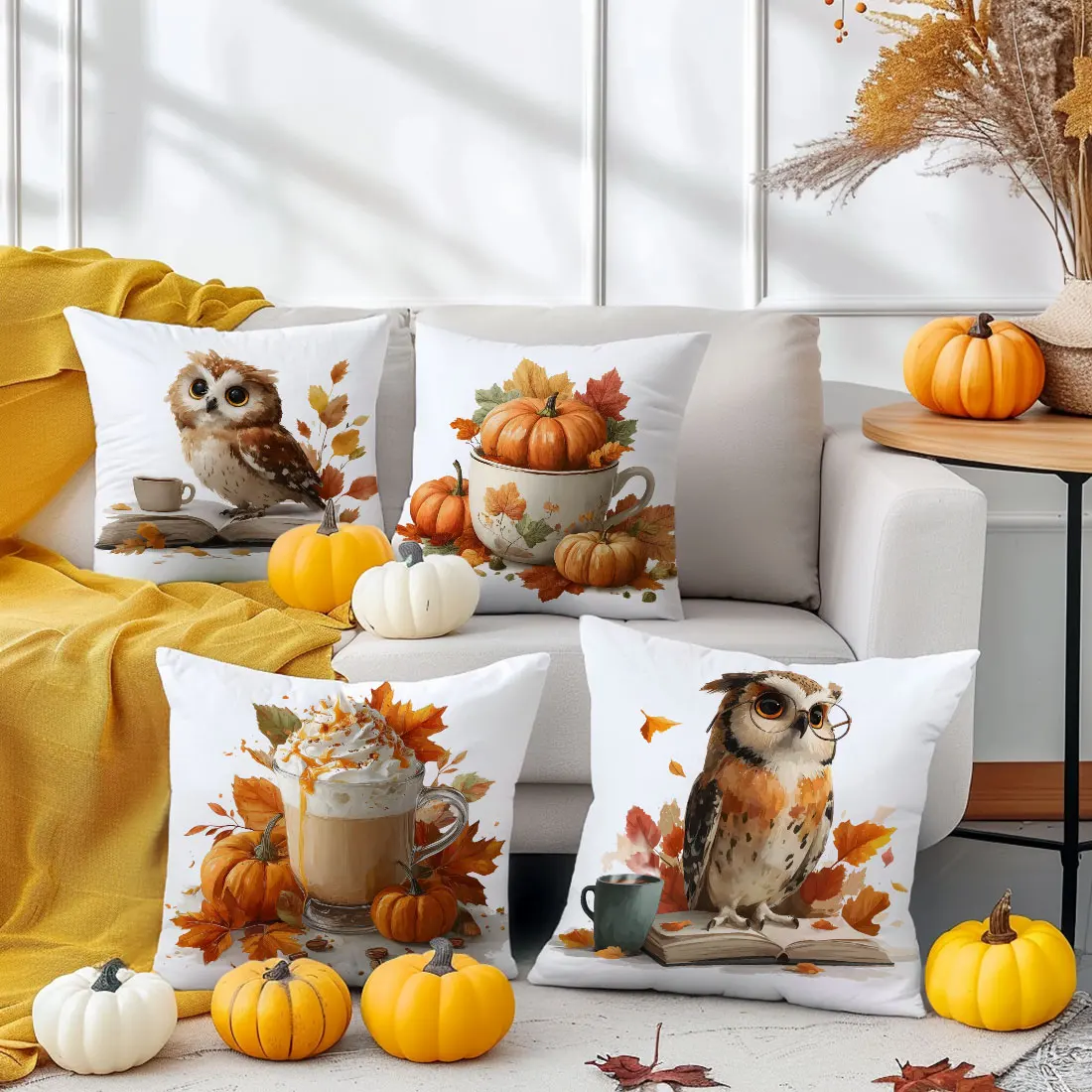 45cm Autumn Pumpkin Throw Pillow Cover,Fall Featuring Owls, Pumpkins Leaves Design for Home Sofa Pillow Cover Decor