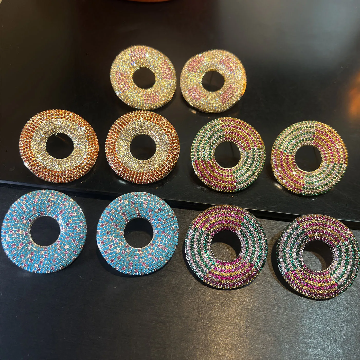 Multicolor Cubic Zirconia Donut Stud Earrings Round Hollow Circle Statement Earrings for Women Sparkly Jewelry gala event party