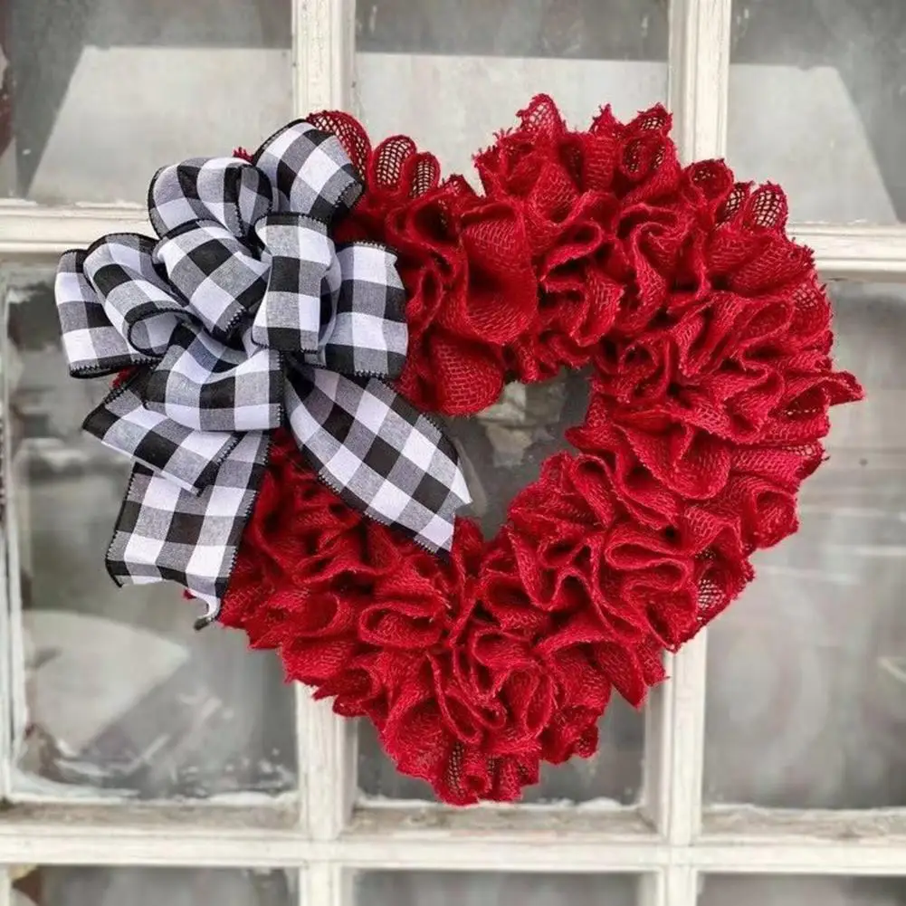 40cm Red Heart Bowknot Hanging Wreath Plaid Fabrics Valentines Day Front Door Wall Decorations Xmas Tree Wreath Garland Wreath