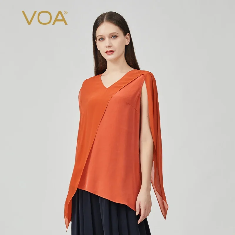 VOA Silk 30m/m Heavyweight Retro Red V-Neck Bumper Stitching Distressed Craftsmanship Shawl Long-Sleeved T-Shirt Female BE820