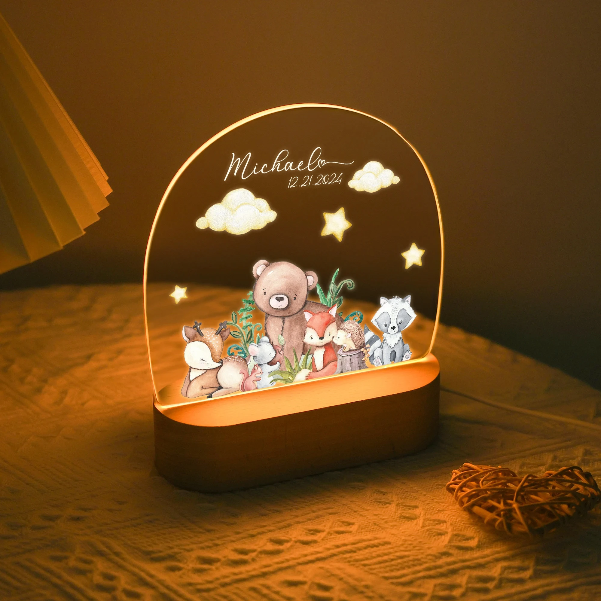 Cute Bear Custom Name Light, Animal Acrylic LED Light Wooden Base, Baby Gift 1st Birthday, Personalized Night Light with Motif