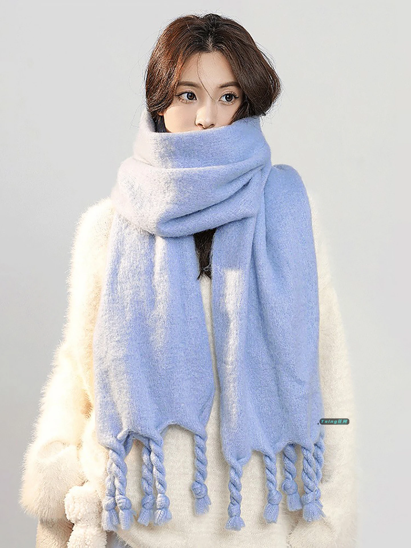 

Японский милый синий плюшевый шарф, женский зимний утолщенный универсальный теплый корейский атмосферный шаль, шарф, женский студенческий подростковый шарф