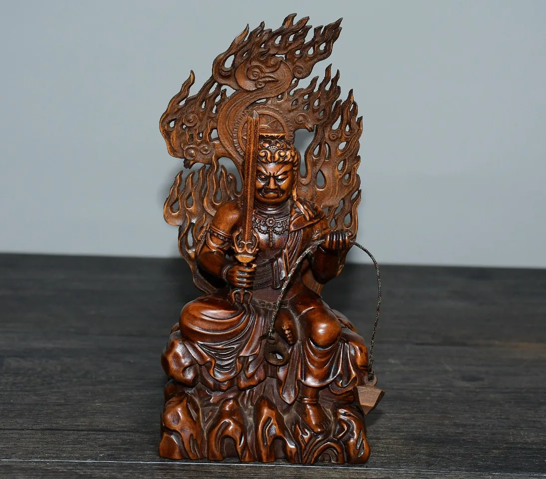 Colección folclórica Xizang de 6 ", boj antiguo Fudo Acala Aryaacalanatha, retroiluminación de Buda, salón de adoración de Buda sentado, casa de ciudad