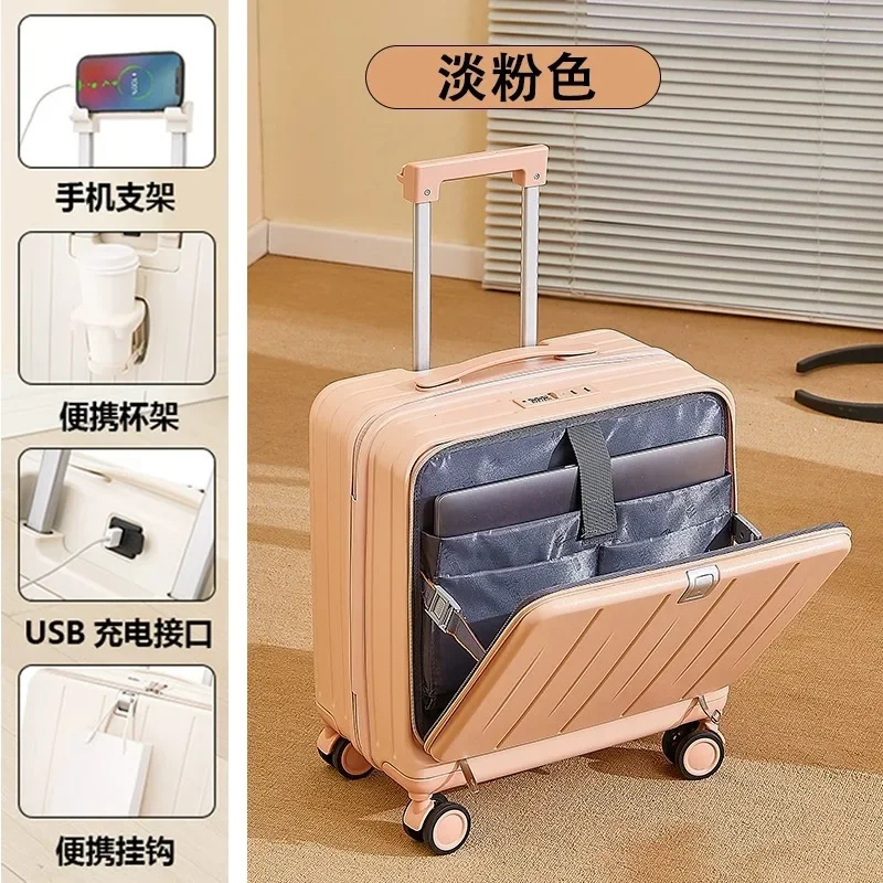 

Front Opening Small Suitcase Mini Boarding Luggage Case Women Carry-on Suitcase on Wheels with Phone and Cup Holder Men 18 Inch