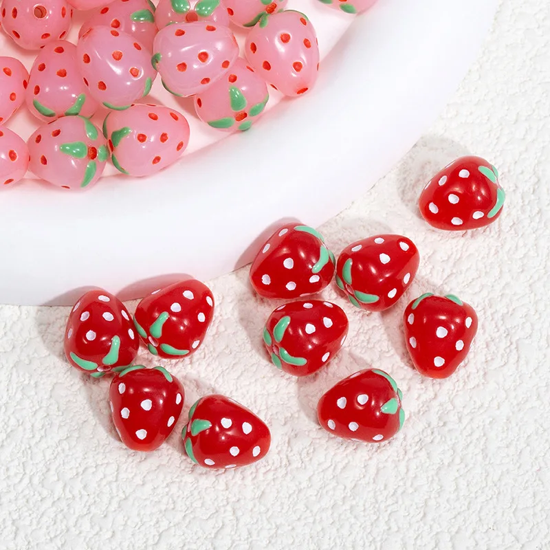 10pcs 11x13mm Red Pink Strawberry Shape Resin Straight Holes Acrylic Beads For Diy Making Jewelry Accessory Bracelet Supplies