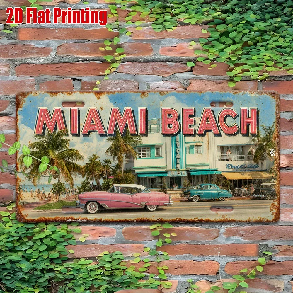 2D Flat -1pc, Vintage Metal Tin Sign, Outdoor Plaque & Wall Decor, Miami Beach Sign, Retro Decoration, Seaside, Vintage Cars,