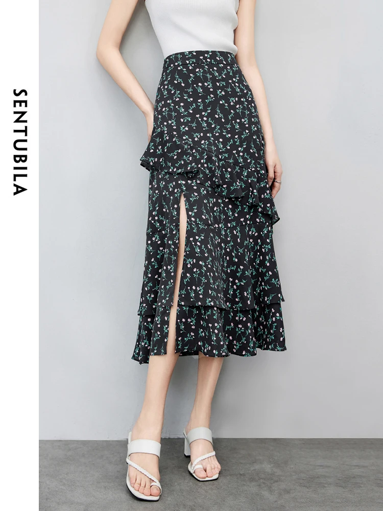 

SENTUBILA Women Black Floral Printed Skirt 2024 Summer Holiday Style Asymmetrical Ruffles A-line Midi Slit Skirts 142Q55174