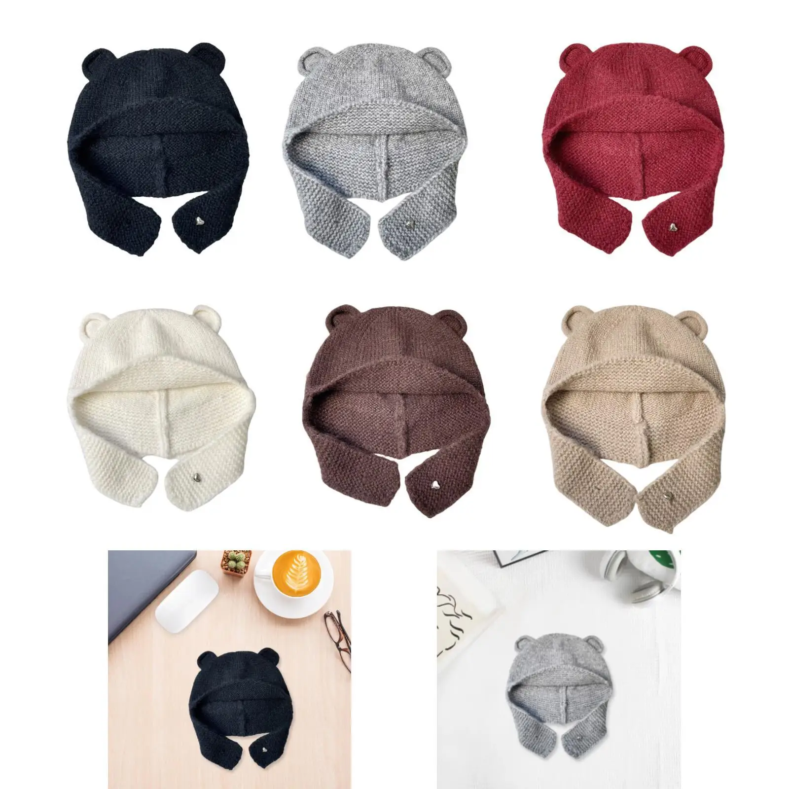 Cute Bear Ear Knitted Hat Adults Windproof Warm Hat Comfort Thick Warm Hat Cute Cartoon Winter Hat for Outdoor Camping Hiking