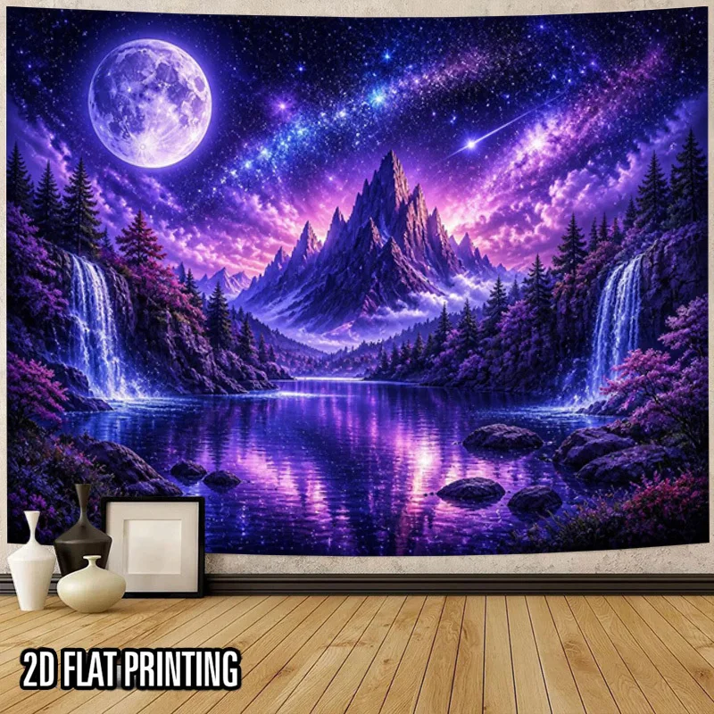 Stunning Galaxy Night Waterfall Landscape Tapestry Cosmic Moon Mountain Forest Wall Decor Art