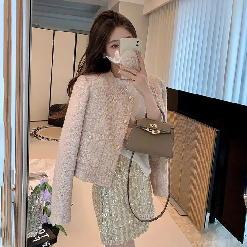 Pink Age-reducing Xiaoxiangfeng Short Coat Women's 2026 Spring New Temperament Socialite Slim Long-sleeved Short Top for Women