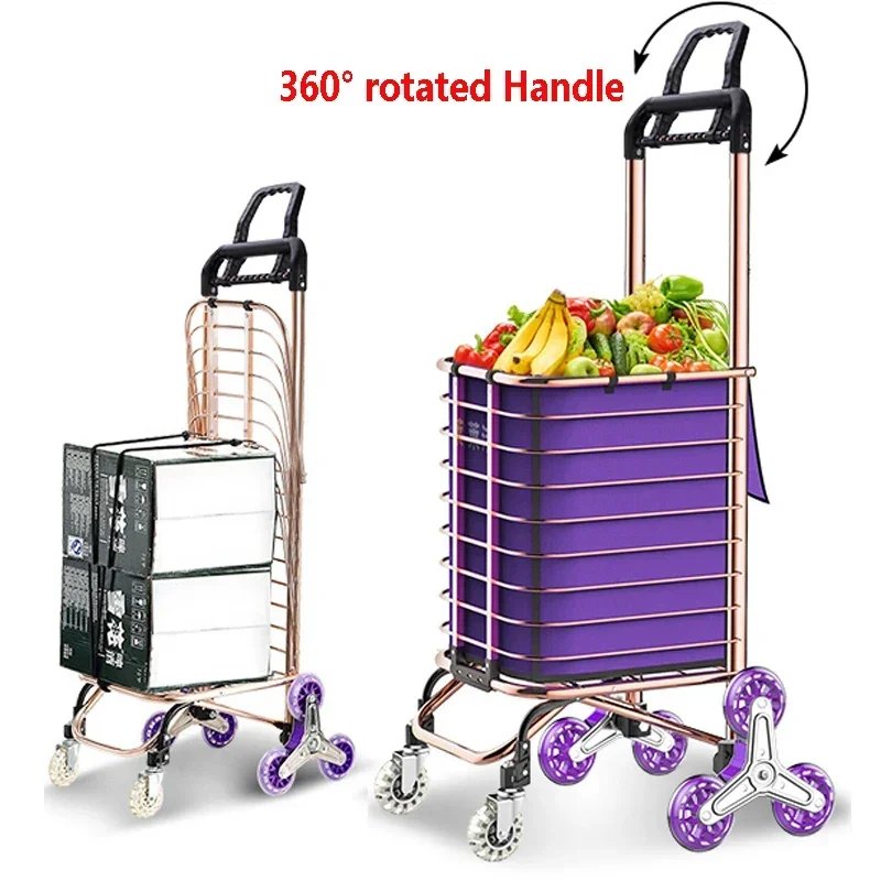 

Golden Shopping Cart with bag Climbing Stairs Folding Shopping Cart Portable Elderly Household Trolley with Rotated Handle