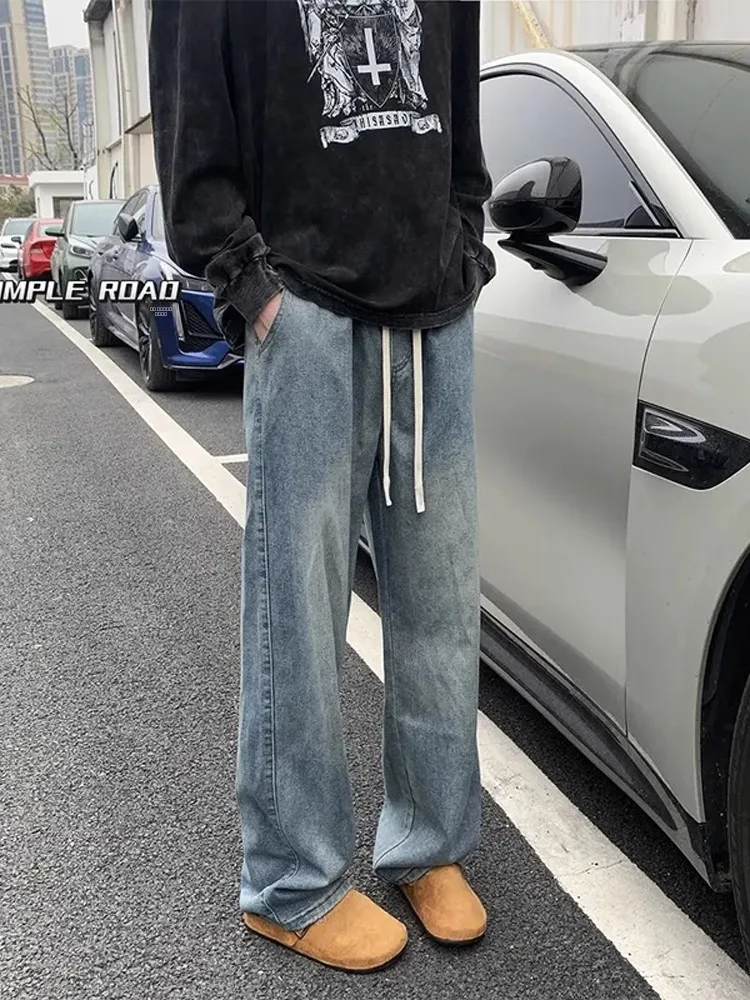 

Retro Straight Leg Men's Jeans American Sle Cleanfit Dstring Elastic Waist Pants Drapey Tall Micro Flare Pants