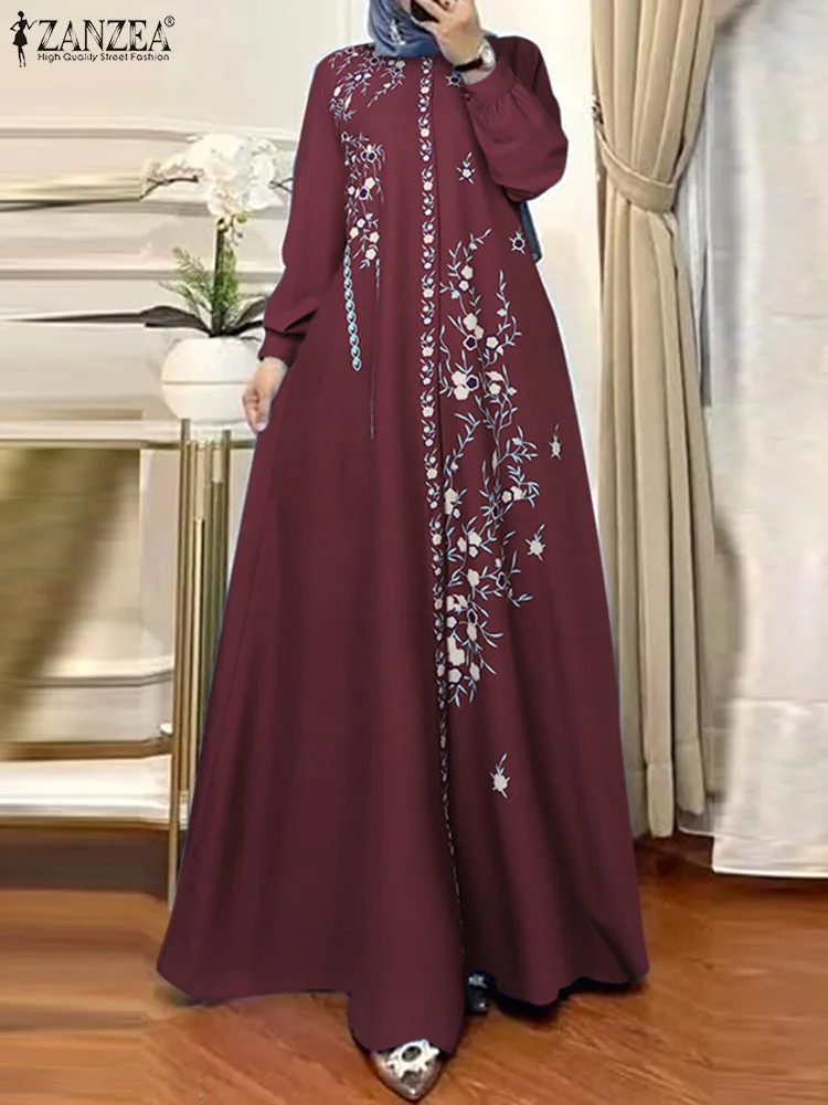 Eid Mubarek Abaya Muslim Fashion Long Dress ZANZEA Women Long Sleeve Floral Printed Robe Vestidos IsIamic Clothing Maxi Sundress