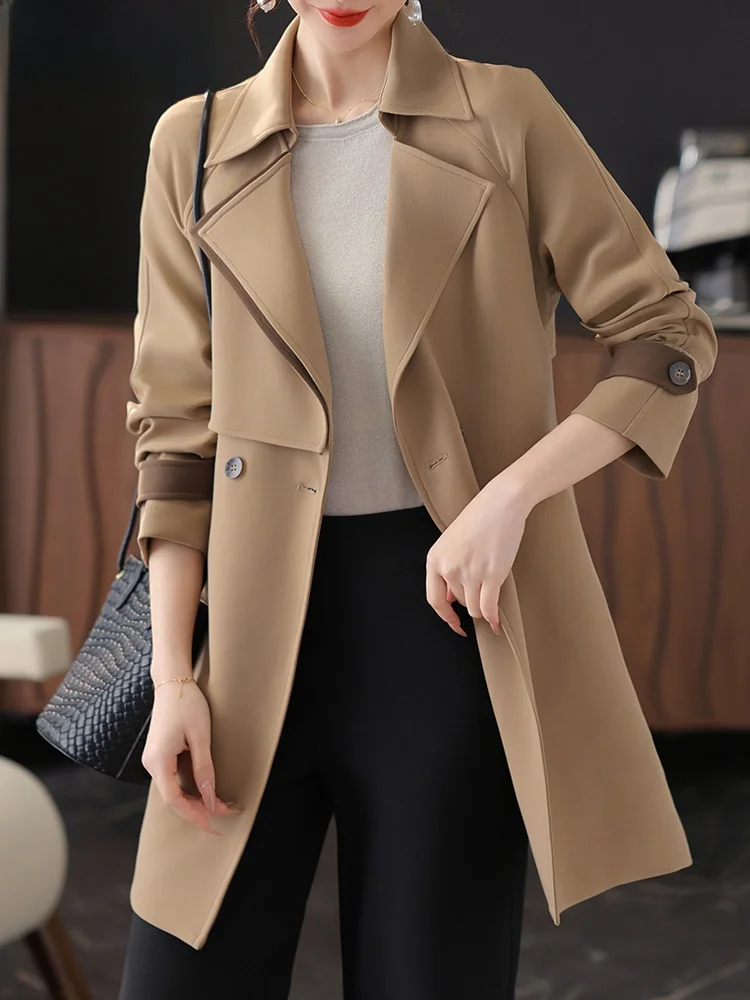 

Модная корейская куртка средней длины для женщин среднего возраста с поясом, весенне-осенняя, из полиэфирного волокна