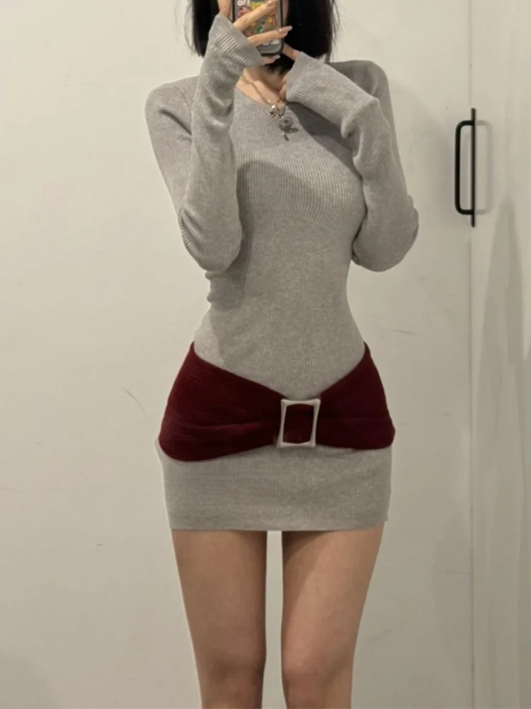 Winter American Fashion Sexy Knitted Dress Women New Chic Slim Elegant Knit Grey Dresses High Sense Aesthetic Short Clothes 2024