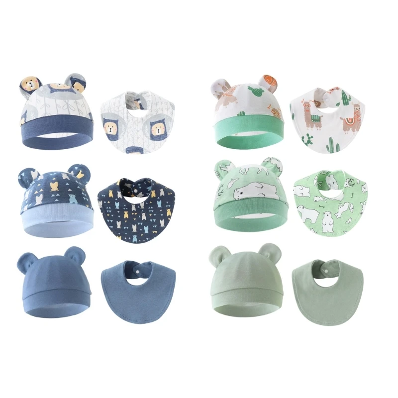 Pack of 3 Set Baby Drooling Bib Saliva Towel with Matching Bonnet Hat Fetal Caps Drop shipping