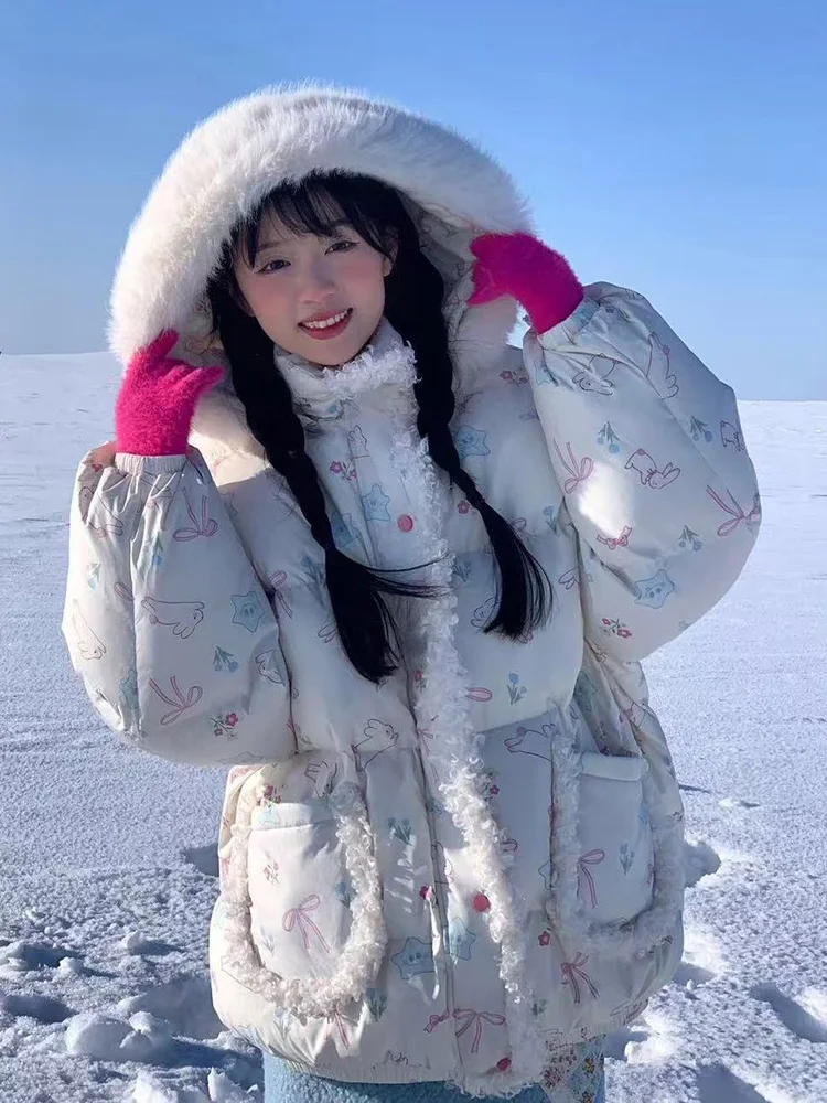 اليابان الكرتون Kawaii مقنعين سترات المرأة فضفاضة الحلو نمط Preppy شيك منتفخ معطف شتاء دافئ الإناث طويلة الأكمام سترة لطيف جديد #4