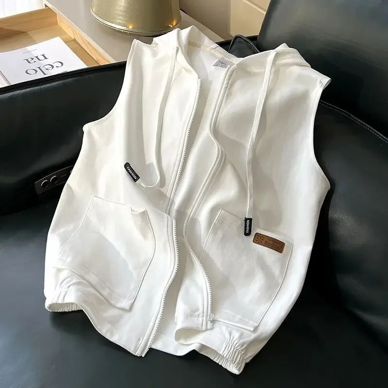 Casual Sleeveless Hoodies Sweatshirts Zipper Cardigans Women Hooded Vest Loose Fitting Korean Fashion Streetwear Sleeveless Tops