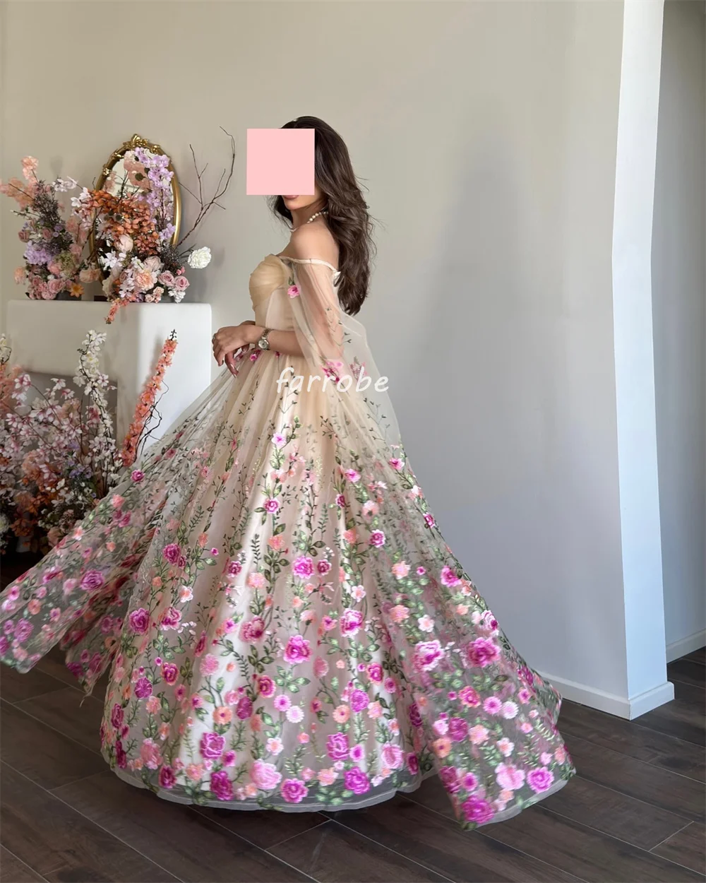 Customized Intricate Classic Tulle Applique Flower A-line Off-the-shoulder Long Dresses Bespoke Occasion Dresses Matching Classi