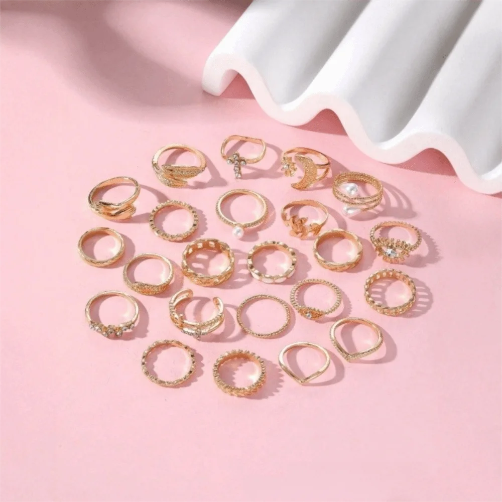 23 Pcs/Set Vintage Punk Ring Set Gold/Silver Multi-Layer Stackable Pearl Ring Set Rhinestone Ring Set