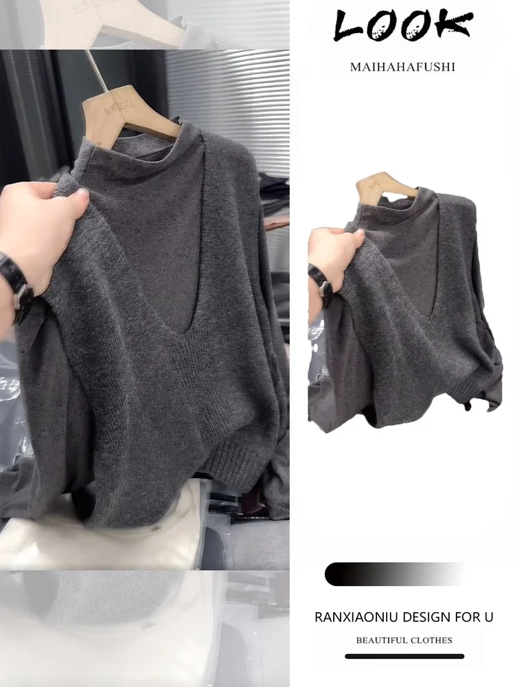 

Женский модный комплект из двух предметов: топ с высоким воротником и V-образным вырезом, и жилет, однотонный, универсальный, осень-зима, новинка