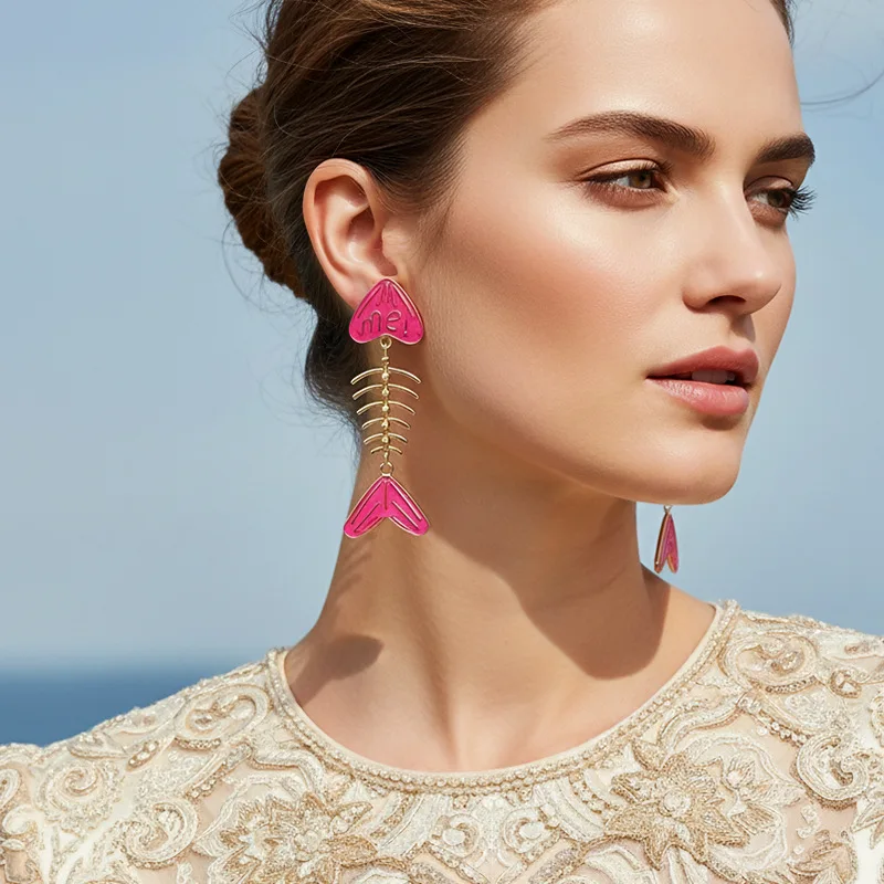 Summer Dopamine Colored Enamel Fishbone Stud Earrings for Women Creativity Geometric Larger Studs Trend Jewelry Wholesale Aretes