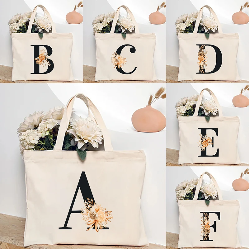 

A-Z Flower Letter Shoulder Bag Fashion Handbag Large Capacity Travel Tote Bag Eco-friendly Shopping Bags Wedding Birthday Gift