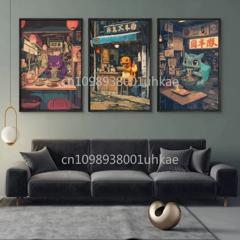 

Japanese Anime Pokemon Pikachu Gengar Eevee Charmander Snorlax SquirtleBulbasaur Canvas Painting Retro Poster Ramen Friends Gift