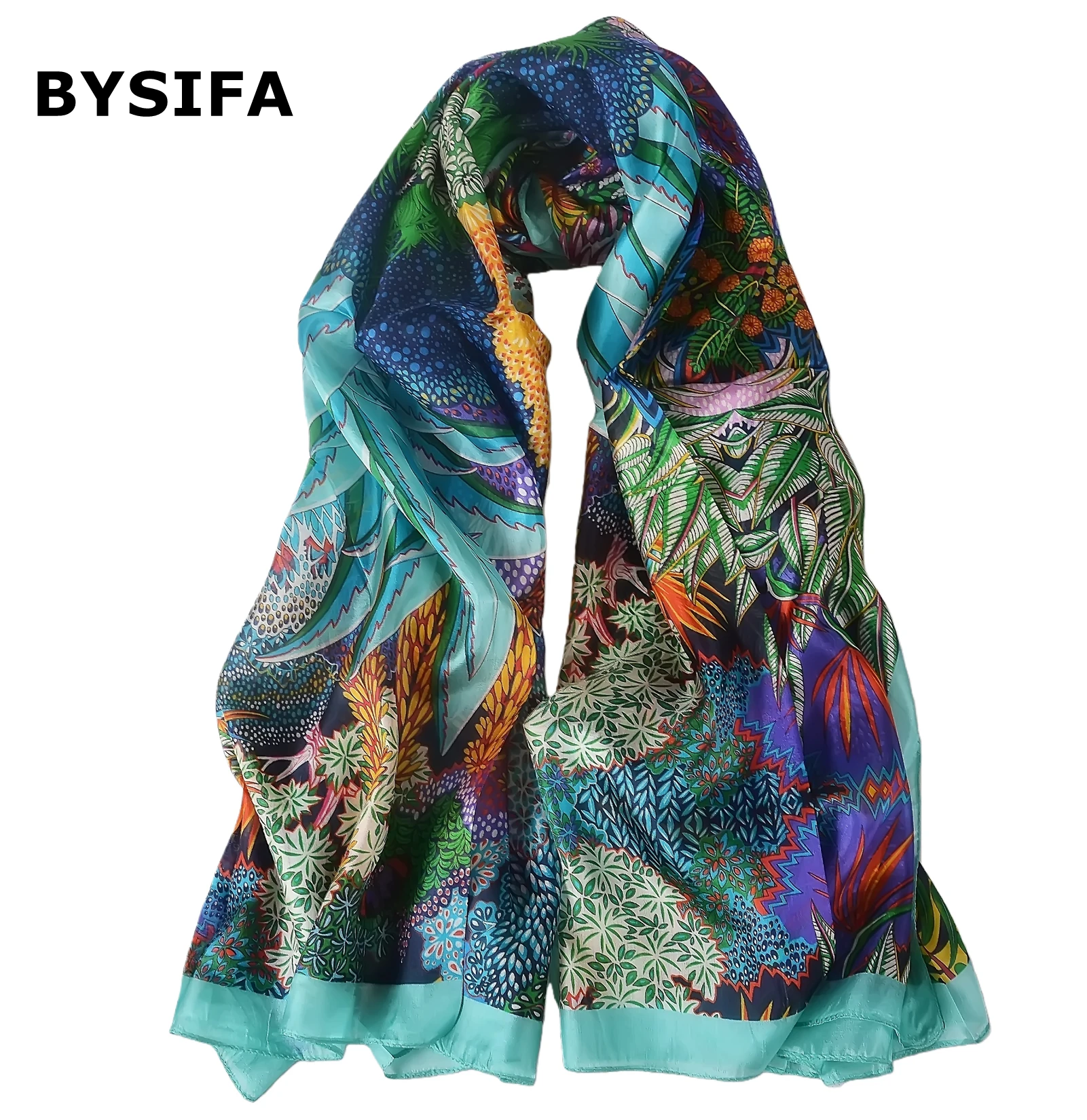 

Шелковый шарф-палантин BYSIFA ультра-большого размера, сине-зеленый, женский, длинный, модный, новый дизайн, с принтом «Джунгли»